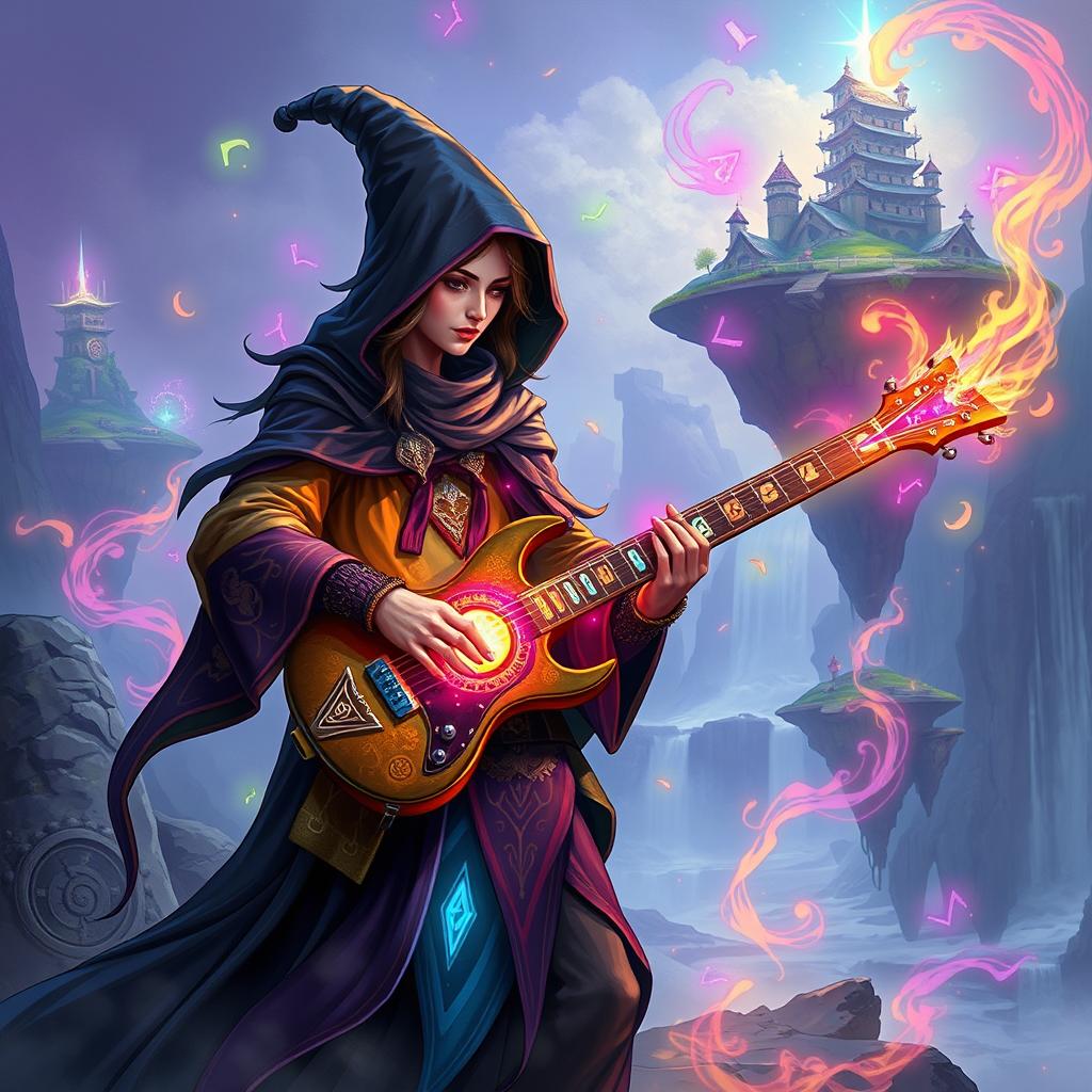 A captivating D&D magical illustration featuring an enchanting bard playing a keytar