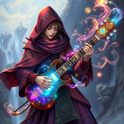 A captivating D&D magical illustration featuring an enchanting bard playing a keytar