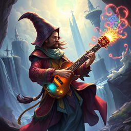 A captivating D&D magical illustration featuring an enchanting bard playing a keytar