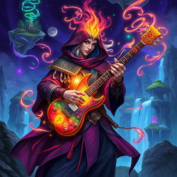 A captivating D&D magical illustration featuring an enchanting bard playing a keytar