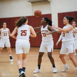 A dynamic women's basketball team mid-game, demonstrating teamwork and skill