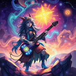 A mesmerizing illustration of a musician playing a keytar in a magical setting