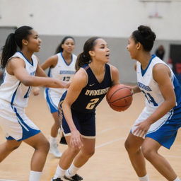 A dynamic women's basketball team mid-game, demonstrating teamwork and skill