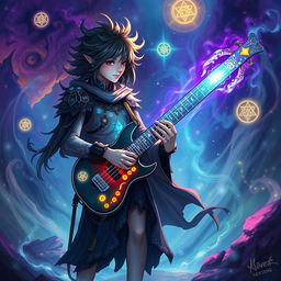 A mesmerizing illustration of a musician playing a keytar in a magical setting