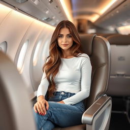 a woman with long brown hair sitting in an airplane seat, wearing a white long sleeve top and blue jeans, depicted in a tasteful and elegant manner