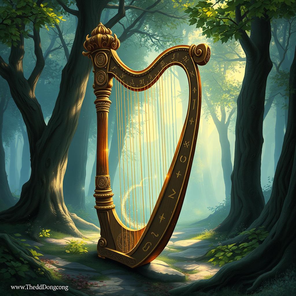 A captivating D&D illustration featuring an enchanted harp as the central focus