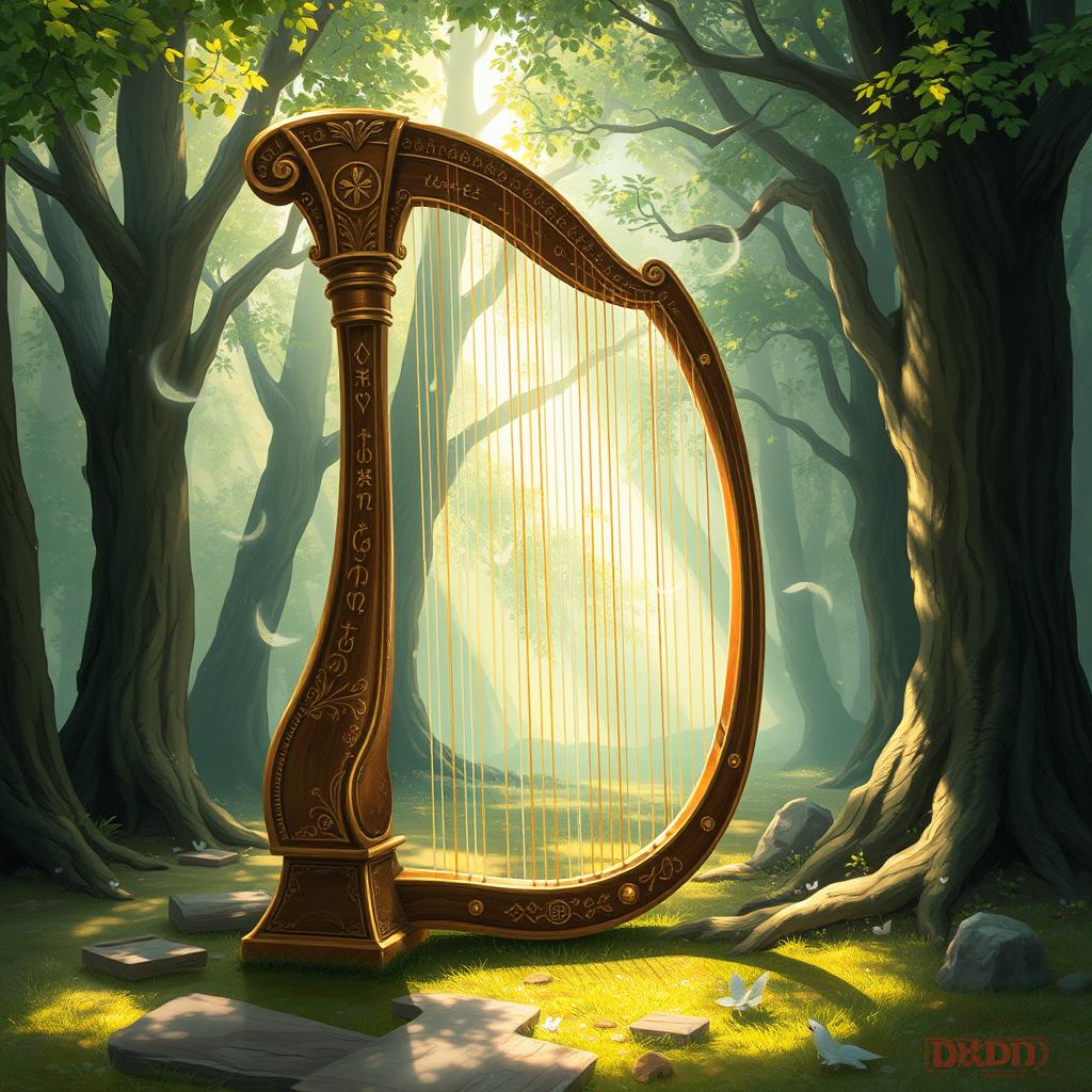 A captivating D&D illustration featuring an enchanted harp as the central focus