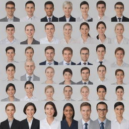 Create a diverse array of lifelike personas with unique faces, displaying various emotions and background in different professional attire.