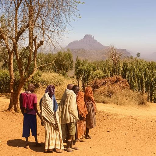 Ethiopian individuals patiently waiting for a bus, set against a rural backdrop showcasing the unique landscape and environment.