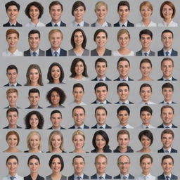 Create a diverse array of lifelike personas with unique faces, displaying various emotions and background in different professional attire.