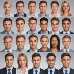 Create a diverse array of lifelike personas with unique faces, displaying various emotions and background in different professional attire.