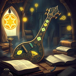 An enchanting illustration of a magical keytar from a D&D universe