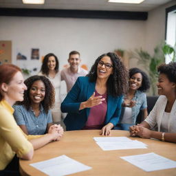 A powerful image of a charismatic coordinator, passionately inspiring a diverse team to work together, in a vibrant and dynamic  workspace filled with positivity and energy