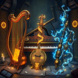 A stunning illustration featuring an assembly of magical instruments from a D&D universe: a harp, a piano, and bagpipes