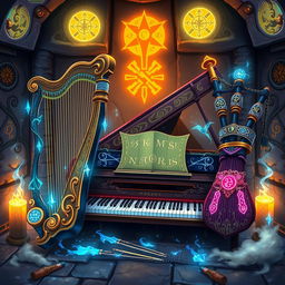 A stunning illustration featuring an assembly of magical instruments from a D&D universe: a harp, a piano, and bagpipes