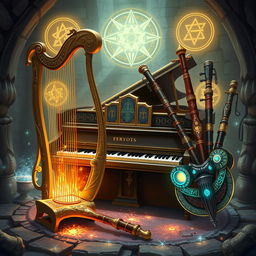 A stunning illustration featuring an assembly of magical instruments from a D&D universe: a harp, a piano, and bagpipes