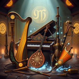 A stunning illustration featuring an assembly of magical instruments from a D&D universe: a harp, a piano, and bagpipes