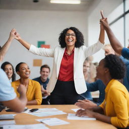 A powerful image of a charismatic coordinator, passionately inspiring a diverse team to work together, in a vibrant and dynamic  workspace filled with positivity and energy