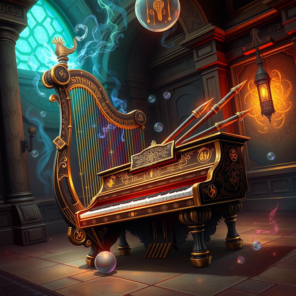 An imaginative illustration showcasing a unique, mythical instrument that combines the elements of a harp, piano, and bagpipes into one magnificent piece