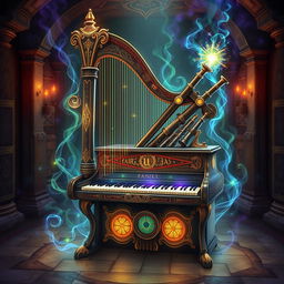 An imaginative illustration showcasing a unique, mythical instrument that combines the elements of a harp, piano, and bagpipes into one magnificent piece