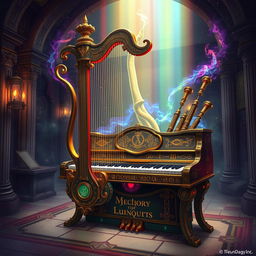 An imaginative illustration showcasing a unique, mythical instrument that combines the elements of a harp, piano, and bagpipes into one magnificent piece