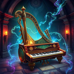 An imaginative illustration showcasing a unique, mythical instrument that combines the elements of a harp, piano, and bagpipes into one magnificent piece