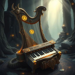 A fantastical illustration depicting a magical instrument that ingeniously combines elements of a harp, keyboard, and bagpipes into a singular, awe-inspiring design