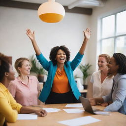 A powerful image of a charismatic coordinator, passionately inspiring a diverse team to work together, in a vibrant and dynamic  workspace filled with positivity and energy