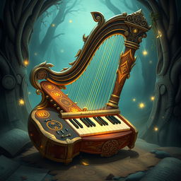 A fantastical illustration depicting a magical instrument that ingeniously combines elements of a harp, keyboard, and bagpipes into a singular, awe-inspiring design