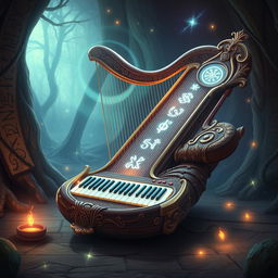 A fantastical illustration depicting a magical instrument that ingeniously combines elements of a harp, keyboard, and bagpipes into a singular, awe-inspiring design