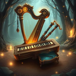 A fantastical illustration depicting a magical instrument that ingeniously combines elements of a harp, keyboard, and bagpipes into a singular, awe-inspiring design