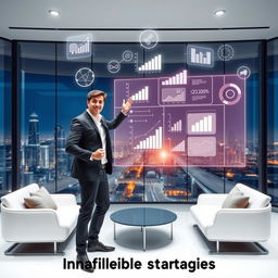 A dynamic and inspiring image depicting a person confidently presenting a series of strategic plans on a futuristic digital screen