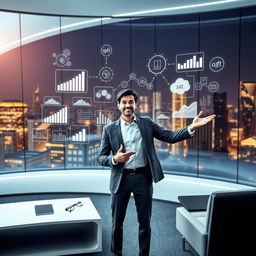 A dynamic and inspiring image depicting a person confidently presenting a series of strategic plans on a futuristic digital screen