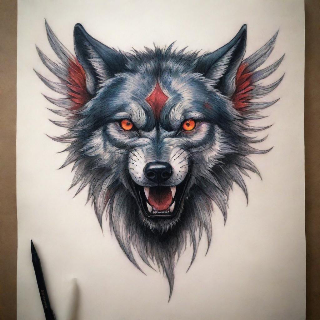 A hair-raising tattoo design of a formidable wolf with intense red eyes and imposing wings, exuding an air of awe-inspiring power and mystery.