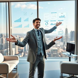 A dynamic and inspiring image depicting a person confidently presenting a series of strategic plans on a futuristic digital screen