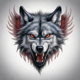 A hair-raising tattoo design of a formidable wolf with intense red eyes and imposing wings, exuding an air of awe-inspiring power and mystery.