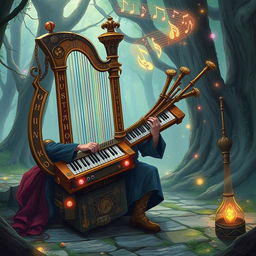 A captivating illustration of a one-man band setup in a D&D-inspired universe, featuring a magical instrument that combines a harp, keyboard, and bagpipes into a single masterpiece