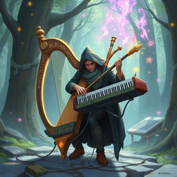 A captivating illustration of a one-man band setup in a D&D-inspired universe, featuring a magical instrument that combines a harp, keyboard, and bagpipes into a single masterpiece