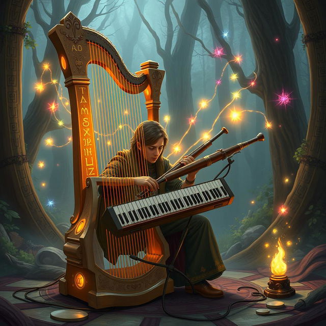 A captivating illustration of a one-man band setup in a D&D-inspired universe, featuring a magical instrument that combines a harp, keyboard, and bagpipes into a single masterpiece