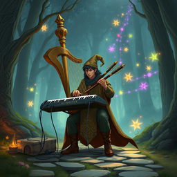 A captivating illustration of a one-man band setup in a D&D-inspired universe, featuring a magical instrument that combines a harp, keyboard, and bagpipes into a single masterpiece