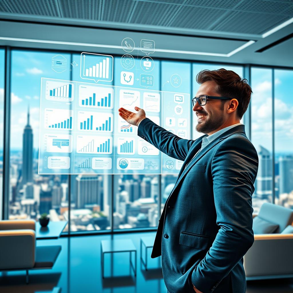 A dynamic and inspiring image depicting a person confidently presenting a series of strategic plans on a futuristic digital screen