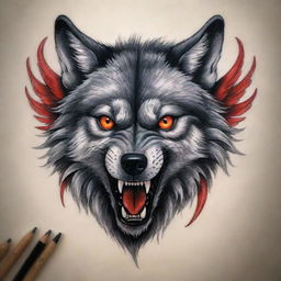 A hair-raising tattoo design of a formidable wolf with intense red eyes and imposing wings, exuding an air of awe-inspiring power and mystery.