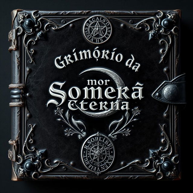 A design for an ancient and mystical grimoire cover titled 'Grimório da Sombra Eterna'