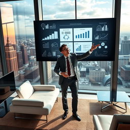 A dynamic and inspiring image depicting a person confidently presenting a series of strategic plans on a futuristic digital screen