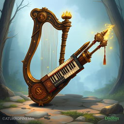 A detailed illustration of a fantastical, magical instrument designed for a one-man band in a D&D-inspired world