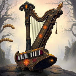 A detailed illustration of a fantastical, magical instrument designed for a one-man band in a D&D-inspired world