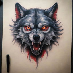 A hair-raising tattoo design of a formidable wolf with intense red eyes and imposing wings, exuding an air of awe-inspiring power and mystery.