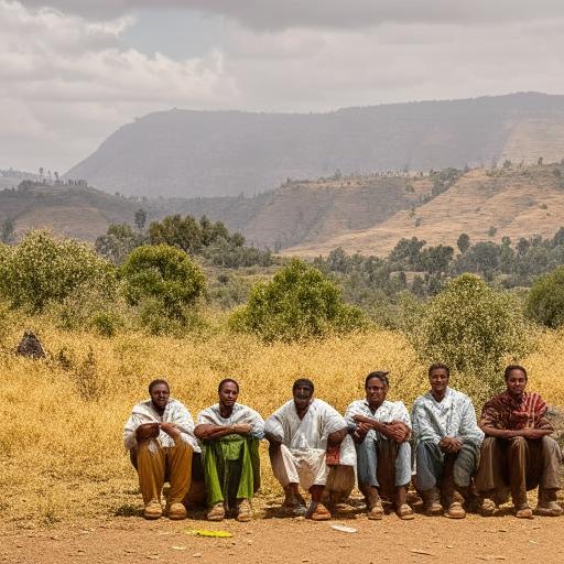 Ethiopian individuals patiently waiting for a bus, set against a rural backdrop showcasing the unique landscape and environment.