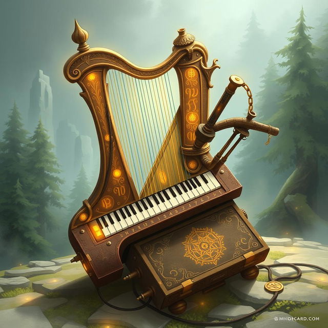 A detailed illustration of a fantastical, magical instrument designed for a one-man band in a D&D-inspired world