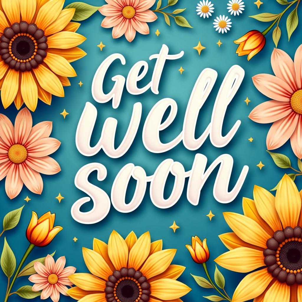 A beautifully designed "Get Well Soon" card featuring vibrant and cheerful colors